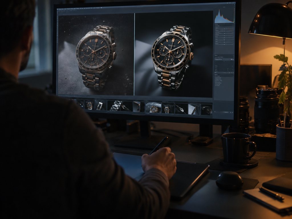 Editor retouching a wristwatch product photo with a before-and-after view